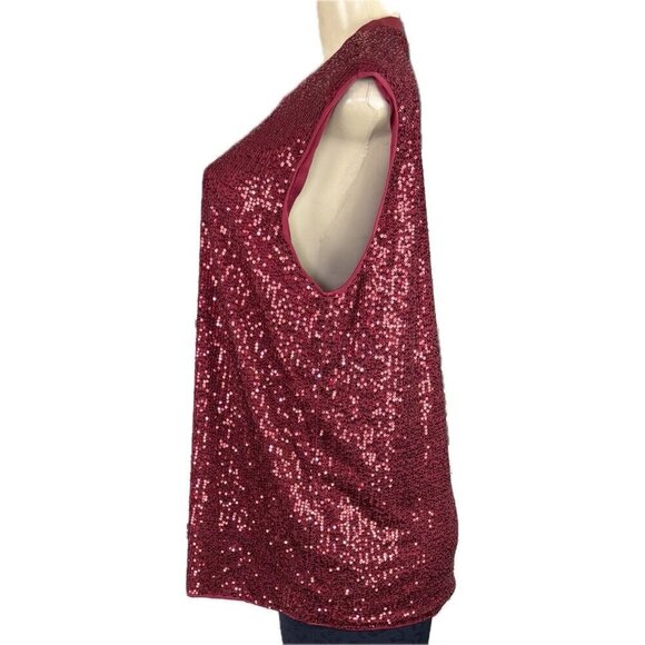 Timing L Red Wine Sequin Crew Knit Neck Padded Shoulders Sleeveless Tank Blouse - Picture 5 of 6